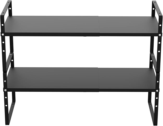 Redrubbit Large Expandable Cabinet Shelf Organizers, Stackable Kitchen Counter Shelves Spice Rack for Kitchen Bathroom Pantry Cupboard Desk Home Office, Black-2 Pack