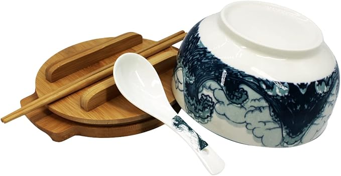 XWORLD Japanese Ceramic Ramen Noodle Bowls Set with Ceramic Spoon, Bamboo Chopsticks, Lid & Trivet, Serving Capacity of 33.8 OZ, Microwavable Oven Safety (3.3” x 6.6” D) (Blue Sea)