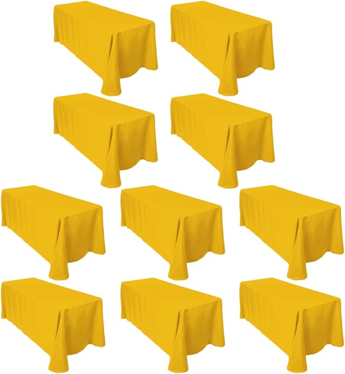 LTC LINENS 10-Pack Bulk Rectangular Tablecloths 90 in x 132 in with Rounded Corners - Gold Table Cloths for 6 ft Rectangle Tables Floor Length - Polyester Fabric Cloth Table Covers for Wedding, Party