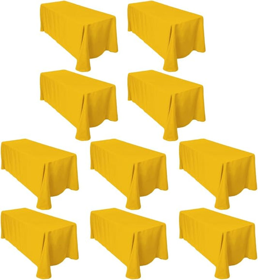 LTC LINENS 10-Pack Bulk Rectangular Tablecloths 90 in x 132 in with Rounded Corners - Gold Table Cloths for 6 ft Rectangle Tables Floor Length - Polyester Fabric Cloth Table Covers for Wedding, Party
