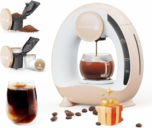 Single Serve Coffee Maker For K Cup Pod and Coffee Grounds /Tea, Fast Brew in 2 minutes, 2 IN 1 One Button Coffee Machine 4-8 Oz Brew Sizes, Stylish＆Compact For Home, Office, RV and Dorm, Champagne