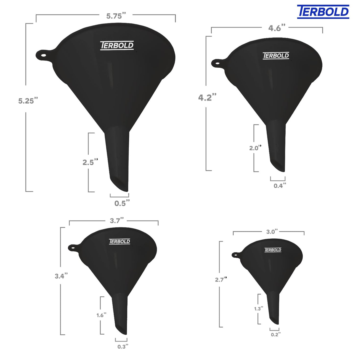 4pc Funnel Nesting Set in BPA Free Plastic for Kitchen Cooking, Car Oil, Home, or Lab Use (Black)