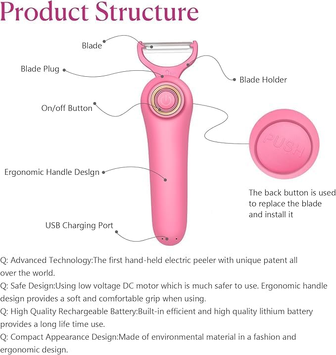 3-in-1 Electric Peeler | Auto Blade for Fruits/Vegetables | 3 Interchangeable Blades | Type-C Charging,Battery Capacity 1500 mAh | Kitchen, Travel, Camping