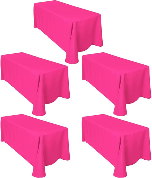 LTC LINENS 5-Pack Rectangular Tablecloths 90 In x 156 In with Rounded Corners - Fuchsia Table Covers for 8 ft Table with Floor-Length Drop - Wrinkle Resistant Polyester Fabric Cloth for Wedding, Party