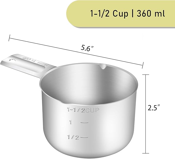 1PCS 1-1/2Cup (360ml, 12oz) Single Measuring Cup, Stainless Steel Measure Scoop, Metric and US Measurement, Dishwasher Safe