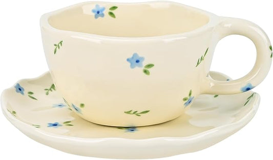 Koythin Ceramic Coffee Mug with Saucers, Handmade Flowers Mugs, Cute Cup for Girl Women, Aesthetic Tea Milk Cup with Handle, 8.5 oz/250 ml for Latte, Cocoa, Office, Home (Blue Flowers)