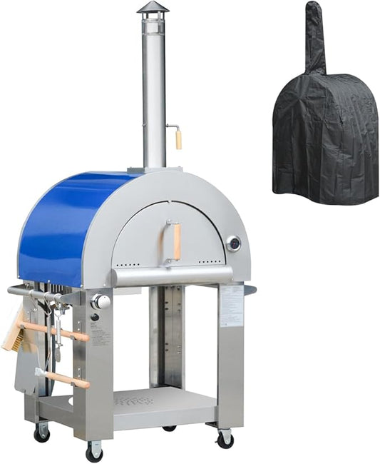 32.5 inch Wood Fired and Propane Gas Pizza Oven for Outdoor Kitchen in Stainless Steel, Large Pizza Oven for Outside, Yard and Party (Blue with Cover)