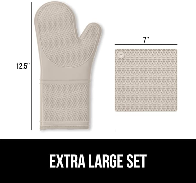 GORILLA GRIP BPA-Free Soft Silicone Oven Mitts and Pot Holders Sets of 4, Heat Resistant Waterproof Cooking Gloves, Thick Cotton Lining, Flexible Gripping for Baking Grilling, Kitchen Trivets, Almond