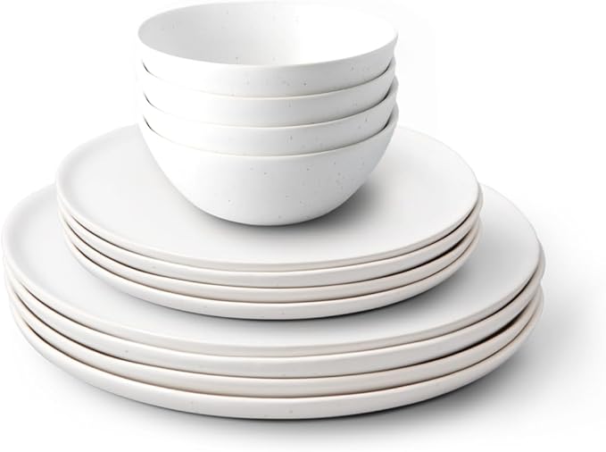 Fable Dinnerware Set - Includes 4 Each of The Dinner + Salad Plates, and The Breakfast Bowls - Dishwasher Safe, Durable Stoneware Ceramic Plates and Bowls - Speckled White