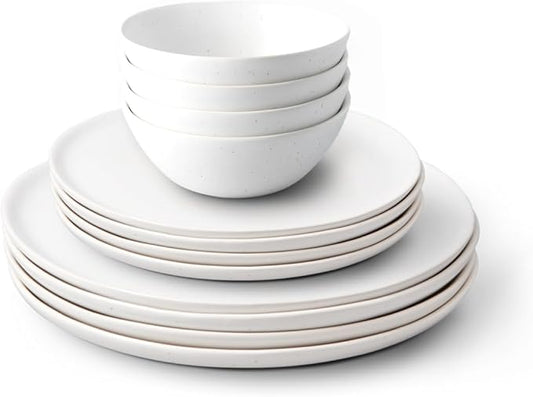 Fable Dinnerware Set - Includes 4 Each of The Dinner + Salad Plates, and The Breakfast Bowls - Dishwasher Safe, Durable Stoneware Ceramic Plates and Bowls - Speckled White