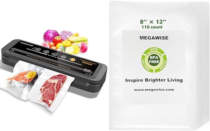 MegaWise Vacuum Sealer Machine | 80kPa Suction Power| Bags and Cutter Included & Vacuum Sealer Bags (8''x 12''-110pcs)