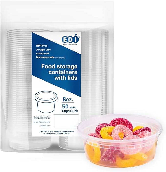 EDI [8 OZ, 50 Sets] Plastic Deli Food Storage Containers with Airtight Lids | Microwave-, Freezer-, Dishwasher-Safe | BPA Free | Heavy-Duty | Meal Prep | Leakproof | Recyclable