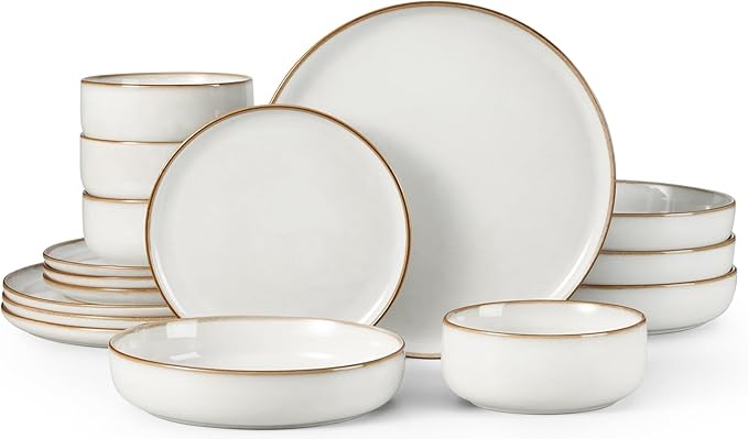 Herogo Dinnerware Sets with Pasta Bowls for 4, 16 Piece Dinner Salad Plates and Cereal Serving Bowls, Double Reactive Glaze, Microwave & Dishwasher Safe, Chip & Scratch Resistant, Ivory White