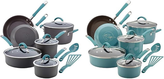 Rachael Ray Cucina Hard Anodized Nonstick Cookware Pots and Pans Set, 12 Piece, Gray with Blue Handles & Cucina Nonstick Cookware Pots and Pans Set, 12 Piece, Agave Blue