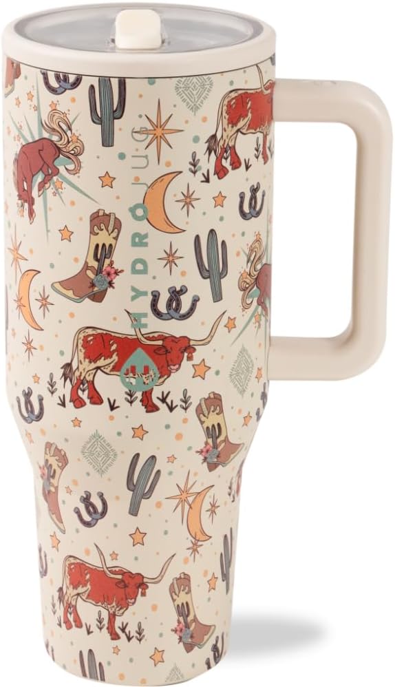 HydroJug Traveler - 40 oz Water Bottle with Handle & Flip Straw - Fits in Cup Holder, Leak Resistant Tumbler-Reusable Insulated Stainless Steel & Rubber Base - Gifts for Women & Men, Rodeo