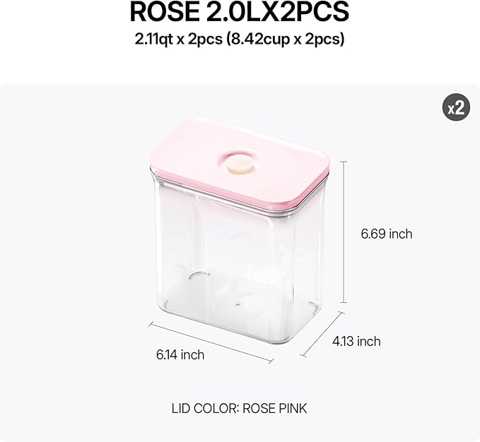 VAKUEN Premium Airtight Food Storage Containers ROSE 2.0L(2.11qt) 2P/SET, Patented Double Silicone Lining, 100% Leak Proof, BPA-FREE