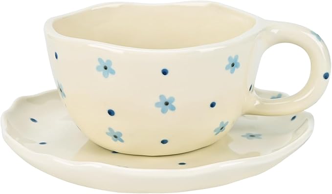 Koythin Ceramic Coffee Mug with Saucers, Handmade Flowers Mugs, Cute Cup for Girl Women, Aesthetic Tea Milk Cup with Handle, 8.5 oz/250 ml for Latte, Cocoa, Office, Home (Dot Blue Flower)