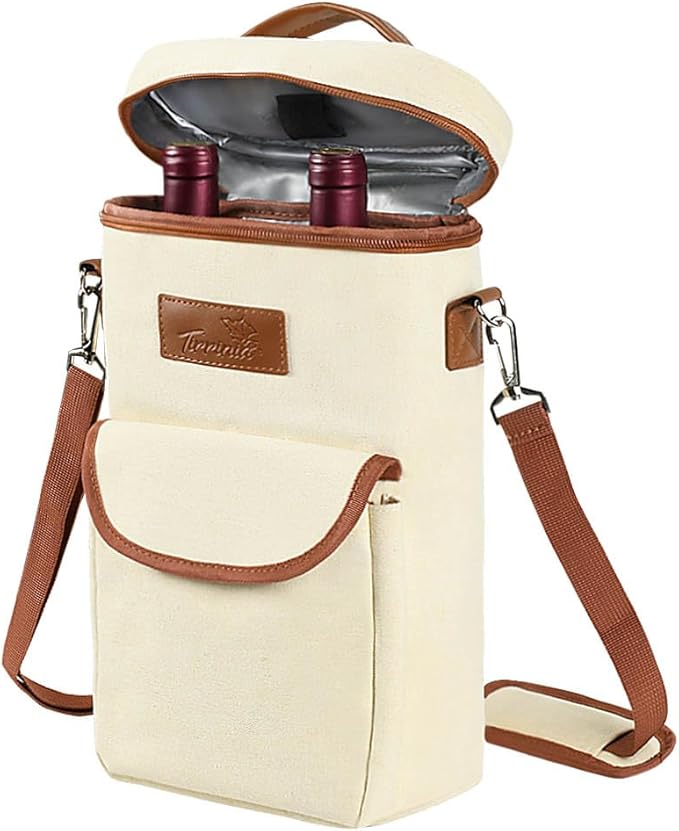 Tirrinia 2 Bottle Wine Gift Tote Carrier - Leakproof & Insulated with large pockets Wine Cooler Bag for Travel, Wine Tasting, Party, Dinner, Great Gift for Wine Lover