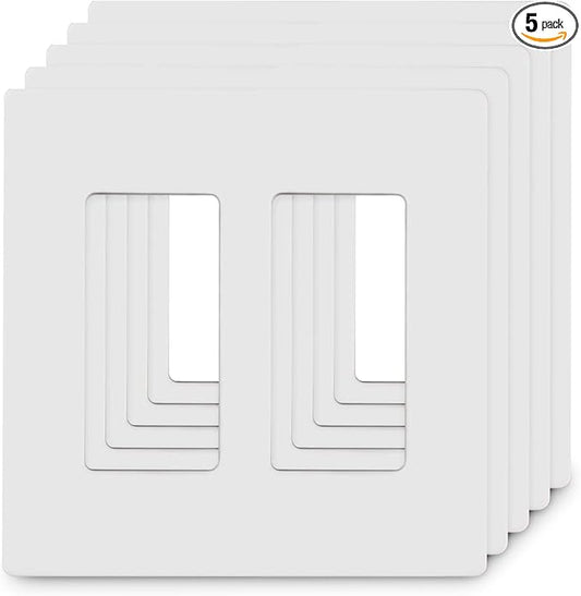 2-Gang Screwless Decorator Wall Plates, Child Safe Standard Size Outlet Cover, Unbreakable Polycarbonate Thermoplastic, Glossy White,5 Pack,UL Listed