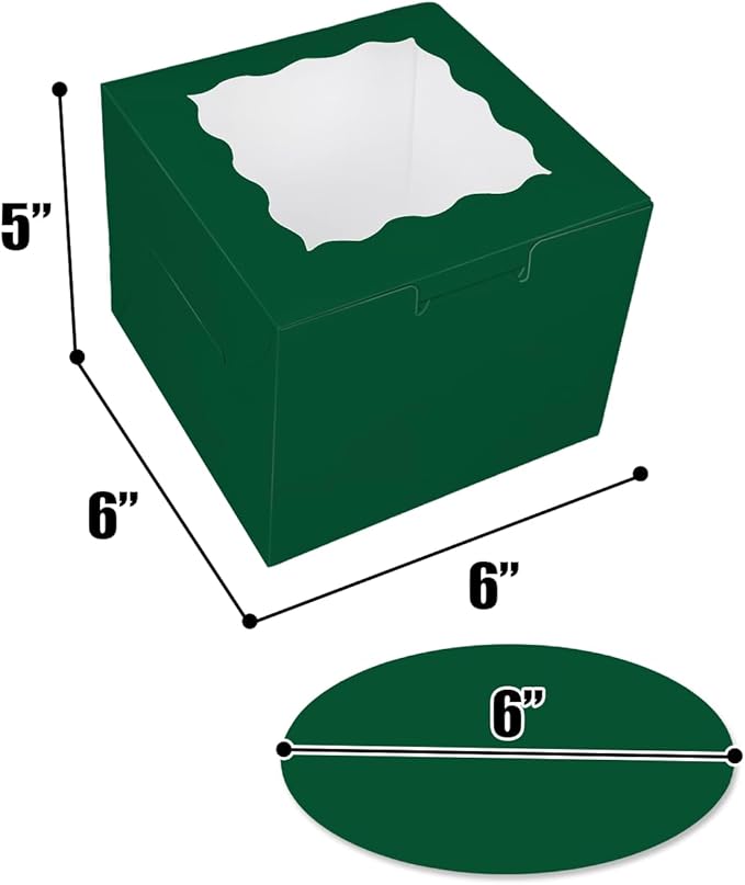Bakepacker 36pcs 6x6x5 Inch Cake Boxes with Window - 18-Pack Green, Includes Cake Boards