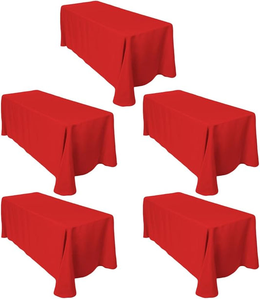 LTC LINENS 5-Pack Rectangular Tablecloths 90 in x 132 in with Rounded Corners - Red Table Cloths for 6 ft Rectangle Tables Floor Length - Polyester Fabric Cloth Table Covers for Wedding, Party