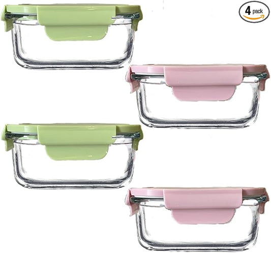 Square 2cup Glass Food Storage Containers with Airtight Lids, 16oz Glass Meal Prep Containers, Square Food Bowl For Lunch, Fruit, Snack, Dishwasher Microwave Freezer Safe (Pink+Green)