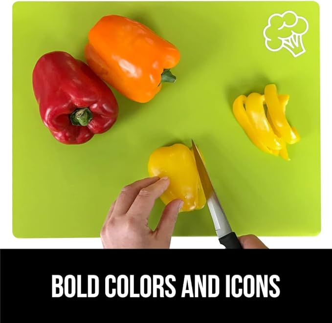 GORILLA GRIP 100% BPA-Free Flexible Cutting Board Set of 4, Durable Plastic Mats with Food Icons for Meal Prepping, Large Kitchen Chopping Mat, Use for Meat Fish Vegetables Fruit, 15x12, Multicolor