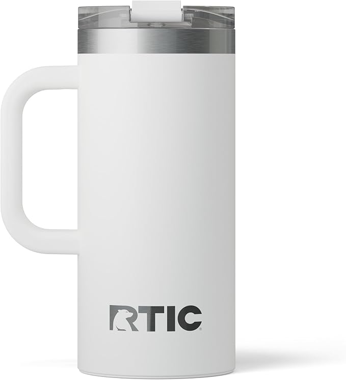 RTIC 16oz Road Trip Travel Mug with Lid and Handle, Ceramic Lined, Insulated, Stainless Steel, Metal, Double Wall Vacuum-Insulation, Portable Coffee, Tea Cup for Hot and Cold Drink, White