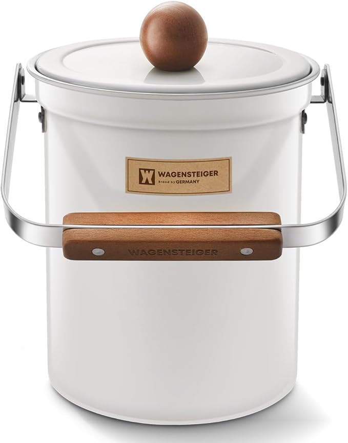 Kitchen Countertop Compost Bin 101ounces / 3Liters, Airtight Lid SUS304 Stainless Steel Odor-Free Food Waste Bin with Wooden Handle Stylish Design/Bathroom Trash Can (White)