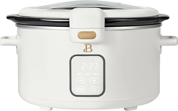 Beautiful 4-Qt Programmable Slow Cooker with Hinged Locking Lid & Touch Display – 3 Heat / 4 Timer Settings (White Icing)