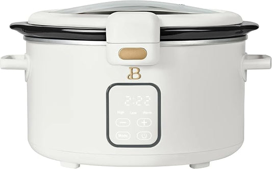 Beautiful 4-Qt Programmable Slow Cooker with Hinged Locking Lid & Touch Display – 3 Heat / 4 Timer Settings (White Icing)