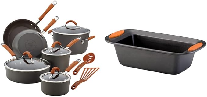 Rachael Ray Cucina Dishwasher Safe Hard Anodized Nonstick Cookware Pots and Pans Set, 12 Piece, Gray & Yum-o! Bakeware Oven Lovin' Nonstick Loaf Pan, 9-Inch by 5-Inch Steel Pan, Gray