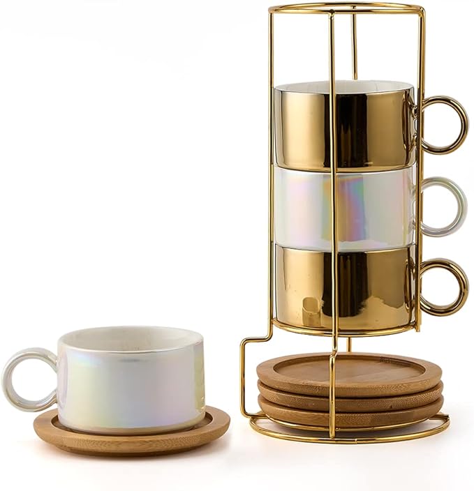 LUKA Porcelain Espresso Cup with Saucers and Metal Stand - 6 Ounce Stackable Ceramic Demitasse Espresso Mugs Cappuccino Cups Set for Latte, Coffee, Cafe Mocha, Tea - Set of 4,Shimmer Golden