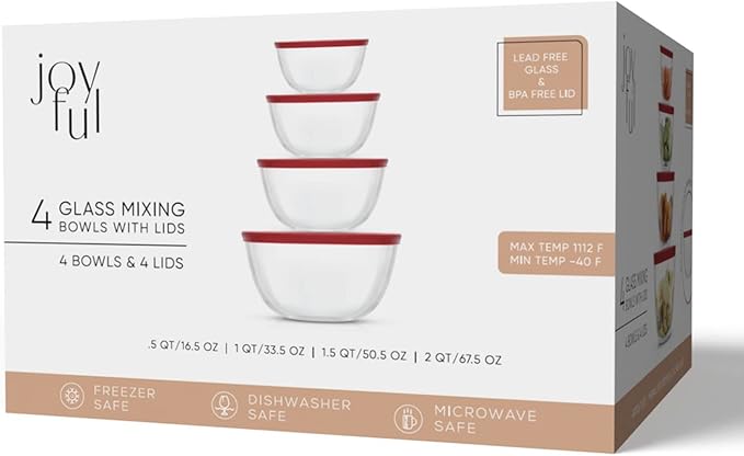 JoyJolt Kitchen Mixing Bowls - 8pc Glass with Lids Set – Neat Nesting Large Bowl Batter Cooking Storage and Big Salad BPA-Free Red