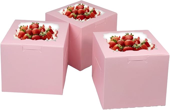 Bakepacker 36pcs 6x6x5 Inches Cake Boxes With Window - 18-Pack Pink Bakery Boxes With 18 Cake Boards Included