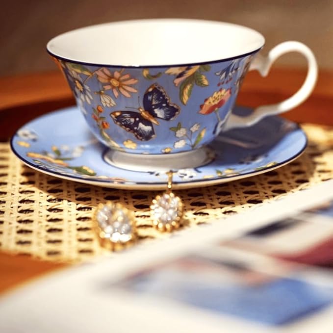 Aynsley Cottage Garden Windsor Fine Bone China English Tea Cup and Saucer Set, 7.4 oz(Blue)