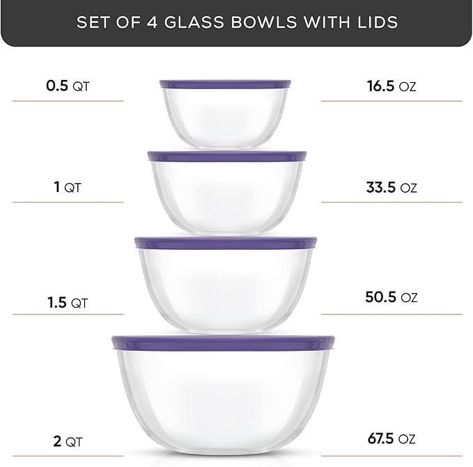JoyJolt Very Peri 8pc Glass Mixing Bowls with Lids Set - Large Nesting Bowls, 2 Qt, Durable, Dishwasher & Microwave Safe