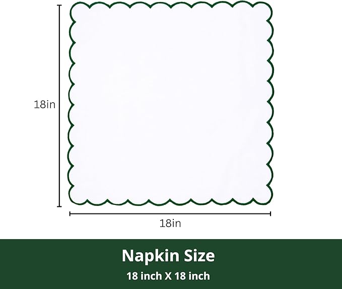 PurpleEssences Scalloped Embroidery Cloth Napkins Christmas Holiday Winter Table Decor 100% Cotton Set of 4-18 x 18 inch - White - Edges - Forest Green