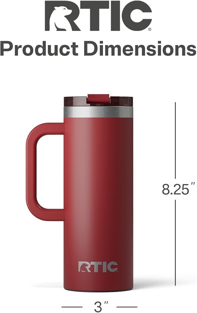 RTIC 20oz Road Trip Travel Mug with Lid and Handle, Insulated, Stainless Steel, Metal, Double Wall Vacuum-Insulation, Ceramic Lined, Portable Coffee, Tea Cup for Hot and Cold Drink, Black Cherry