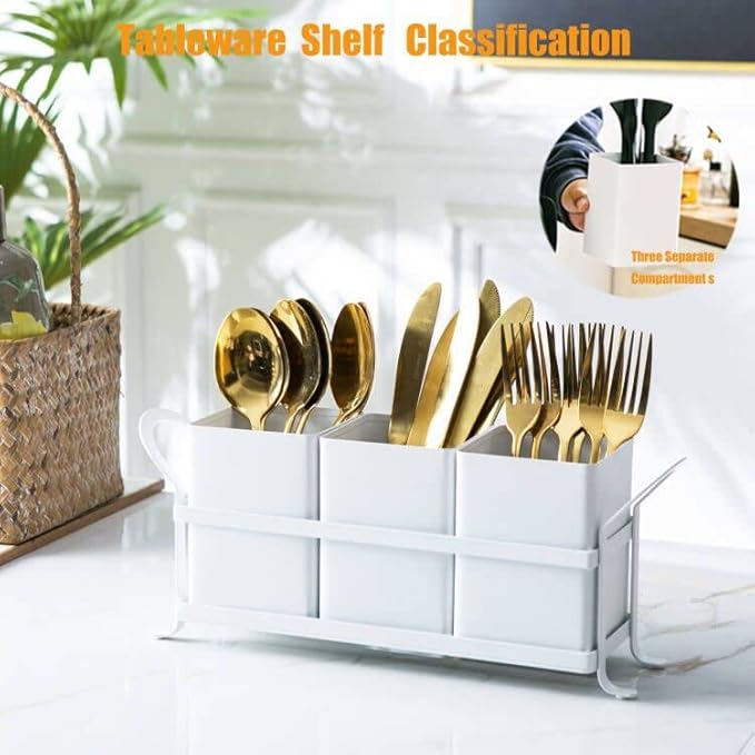 White Metal Utensil Caddy, 3 Compartments, Portable Design, Perfect for Countertop, Outdoor, and Camping