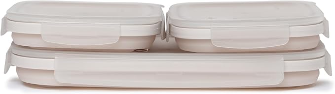 Drip EZ Secondz Collapsible Food Storage Containers (set of 3) - Meal Prep, Leftovers, Lunch, Camping, Hiking - Dishwasher & Microwave Safe - BPA-free Silicone - Locking Lids - Sandstone