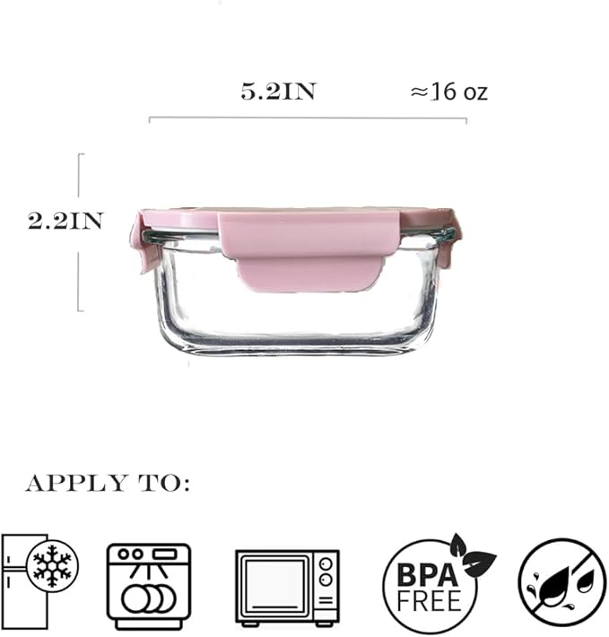 2 Cup Square Glass Food Container with Airtight Lids, Small Glass Square Meal Prep Containers, BPA free 16oz Food Bowls For Soup Snack fruit, Microwave, Dishwasher, Freezer Safe (4 color)