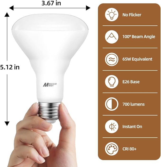12 Pack BR30 LED Bulbs, 65W Equivalent, 10W 2700K Soft White, 700 Lumens, Flicker-Free, Dimmable Recessed Can Flood Lights for Home & Kitchen, Long Lasting & Energy Efficient, E26 Base, UL Listed
