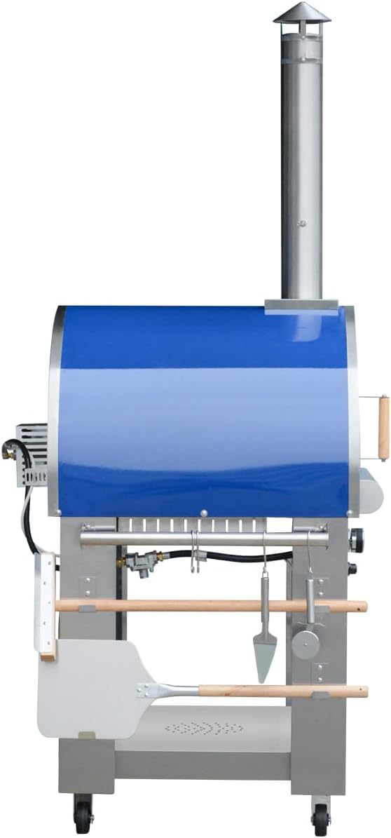 32.5 inch Wood Fired and Propane Gas Pizza Oven for Outdoor Kitchen in Stainless Steel, Large Pizza Oven for Outside, Yard and Party (Blue with Cover)