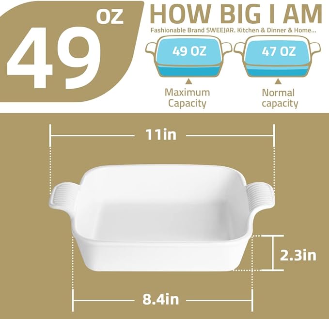 Sweejar Ceramic Baking Dish, 8 x 8 Cake Baking Pan for Brownie, Porcelain Square Bakeware with Double Handle for Casserole, Lasagna, Family Dinner (Light Green)