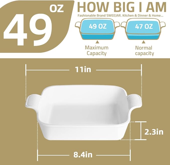 Sweejar Ceramic Baking Dish, 8 x 8 Cake Baking Pan for Brownie, Porcelain Square Bakeware with Double Handle for Casserole, Lasagna, Family Dinner (Navy)