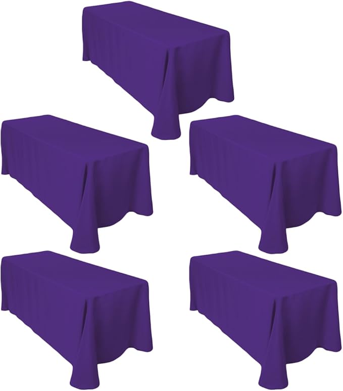 LTC LINENS 5-Pack Rectangular Tablecloths 90 in x 156 in with Rounded Corners - Purple Table Covers for 8 ft Table with Floor-Length Drop - Wrinkle Resistant Polyester Fabric Cloth for Wedding, Party