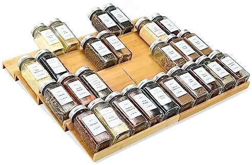 Spice Drawer Organzier,4 Tiers- 8Pcs Bamboo Spice Rack Tray Insert for Cabinet Drawer Countertop, Kitchen Seasoning Storage Drawer Organization,18" Wide x 15.8" Deep （Hold UP To 40 Jars