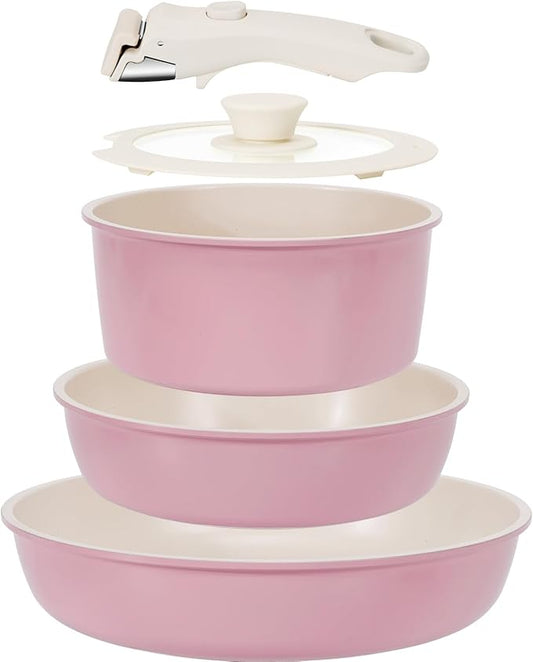 KIKCOIN 5 Pack Ceramic Pots and Pans Set Non Stick, Kitchen Cookware Set Detachable Handle, Non Toxic Cooking Set with Removable Handles, Induction Dishwasher/Oven Safe, Ollas de Cocina, Pink