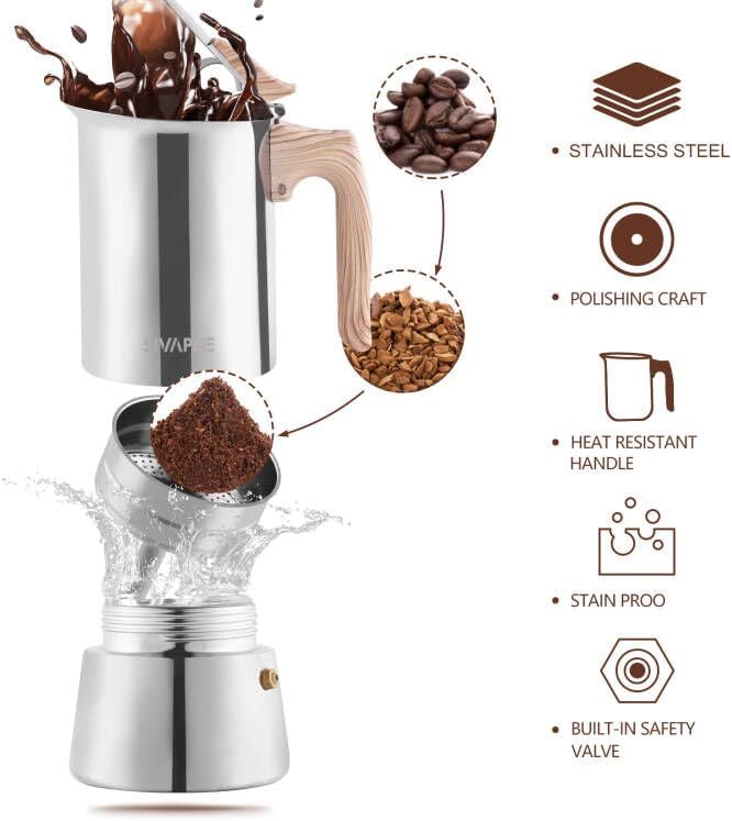 Sivaphe Stovetop Espresso Maker Stainless-Steel 3.5 oz, 1-2 Cup Coffee Maker Induction Moka Pot, 100ml Moka Campaing Coffee Pot, Induction Italian Mocha Pot with Step-by-step Instructions(1 Cup=50ml)